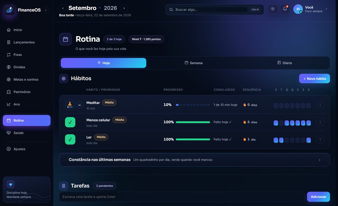 Tela de Rotina do FinanceOS no computador, com hábitos e tarefas do dia