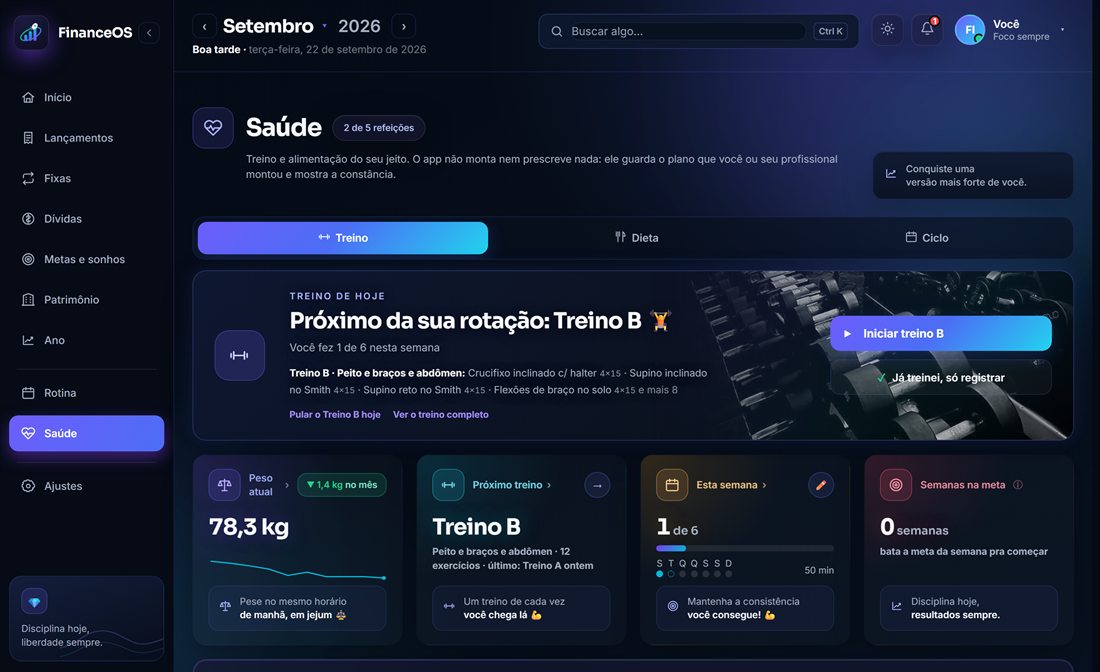 Tela de Treino do FinanceOS no computador, com o próximo treino e os exercícios